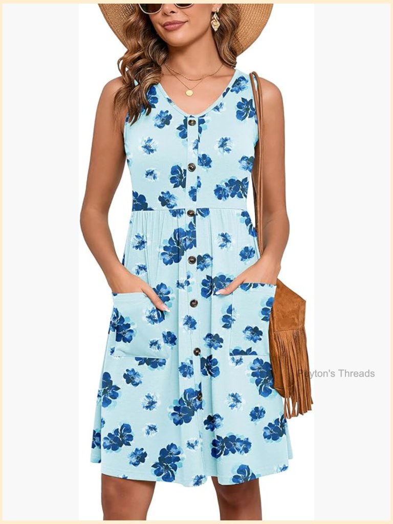 Sleeveless Casual Swing Dress With Pockets V-Neck A-Line Midi